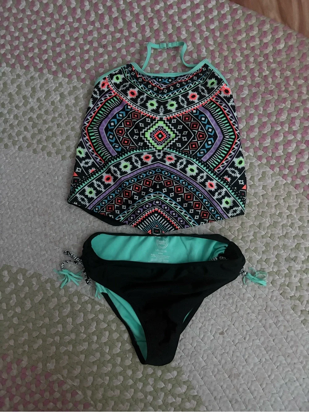 Girls Neon Geo Tankini Set - Black & Mint